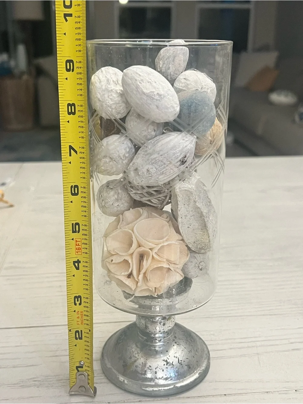 Glass Pedestal Hurricane Vase with Decorative White, Cream and Aqua Fillers